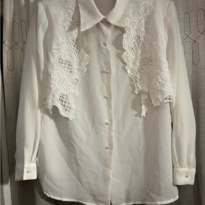 Vintage Kathy Che Lace Collar White Victorian 80s-90s Blouse